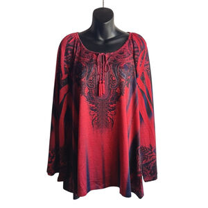 energe world wear Women’s Tunic Thin Sweater Beaded Tassel Red/Black Size 2X